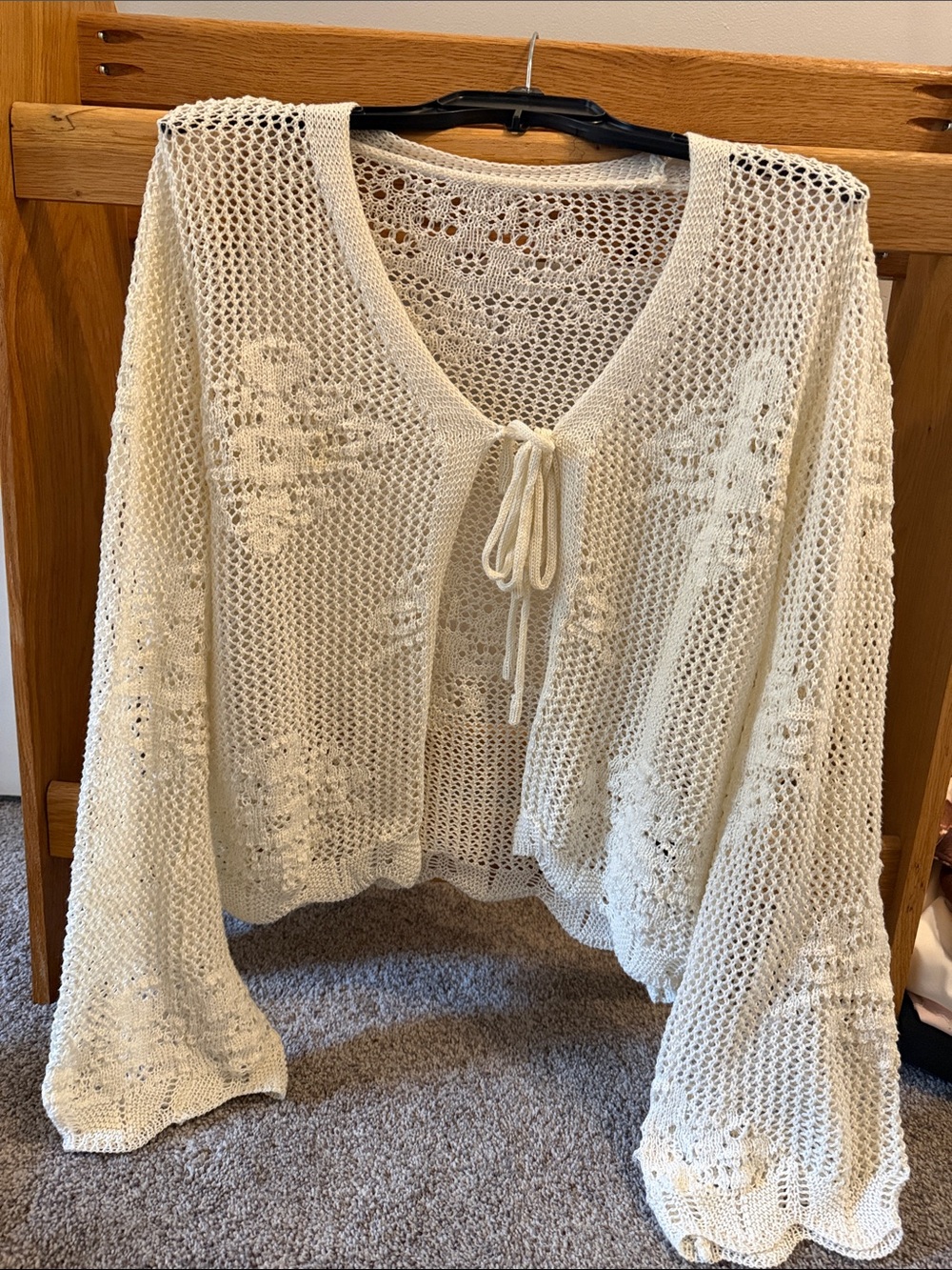 SHEIN Cream Crochet Tie-Front Open Knit Cardigan
